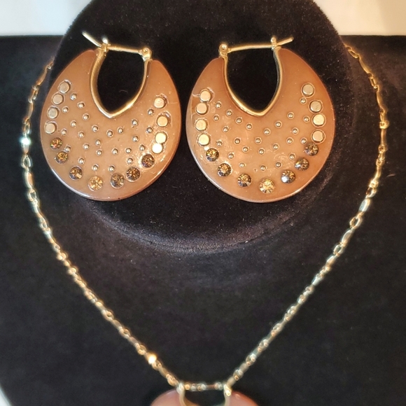 🍂16" GOLD TONE NECKLACE w/ AMBER PENDANT & EARRINGS🍂 - Picture 3 of 6